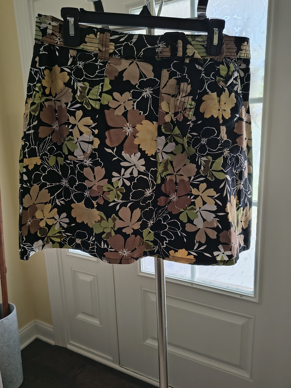 White Stag Black Floral Mini Skort with Green, Brown & Yellow Accents
